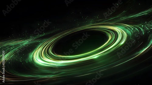 Abstract background with green light trails attracted by a black hole on a black background.
 photo