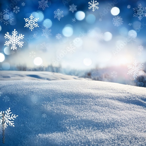 winter landscape with snowflakes and bright bokeh