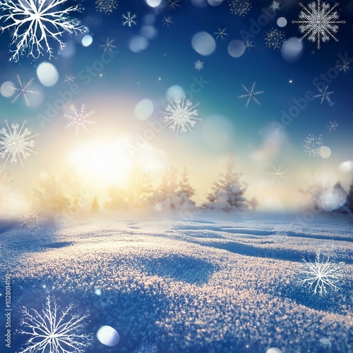 winter landscape with snowflakes and bright bokeh