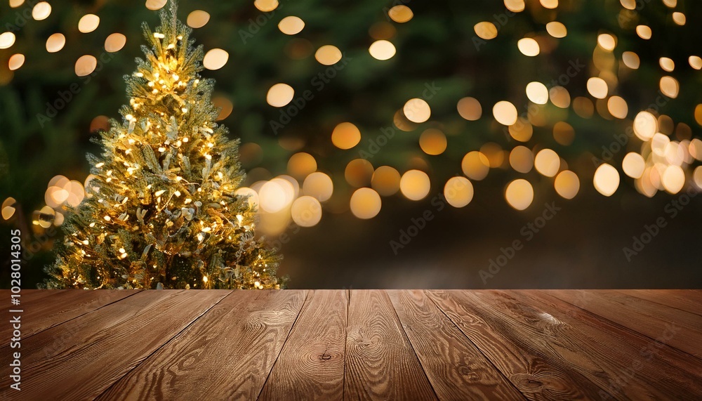 wooden background with blur effect christmas tree and garland lights wooden background with blur effect christmas tree and garland lights