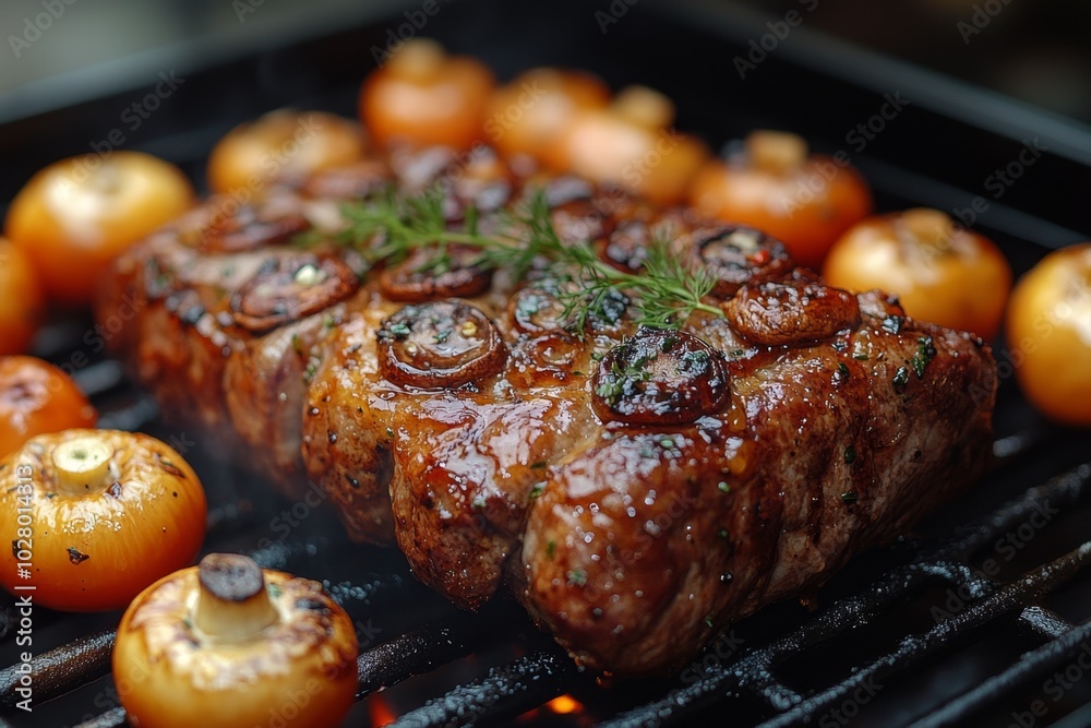 Close-up of baked meat with mushrooms, vegetables and spices Close-up of baked meat with mushrooms, vegetables and spices