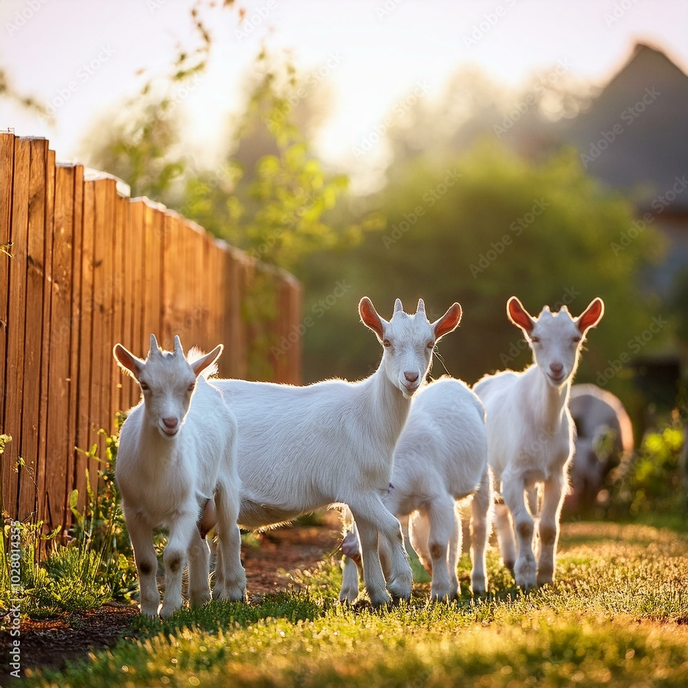 young goats walk in the backyard in summer summer rural scene without people young goats walk in the backyard in summer summer rural scene without people