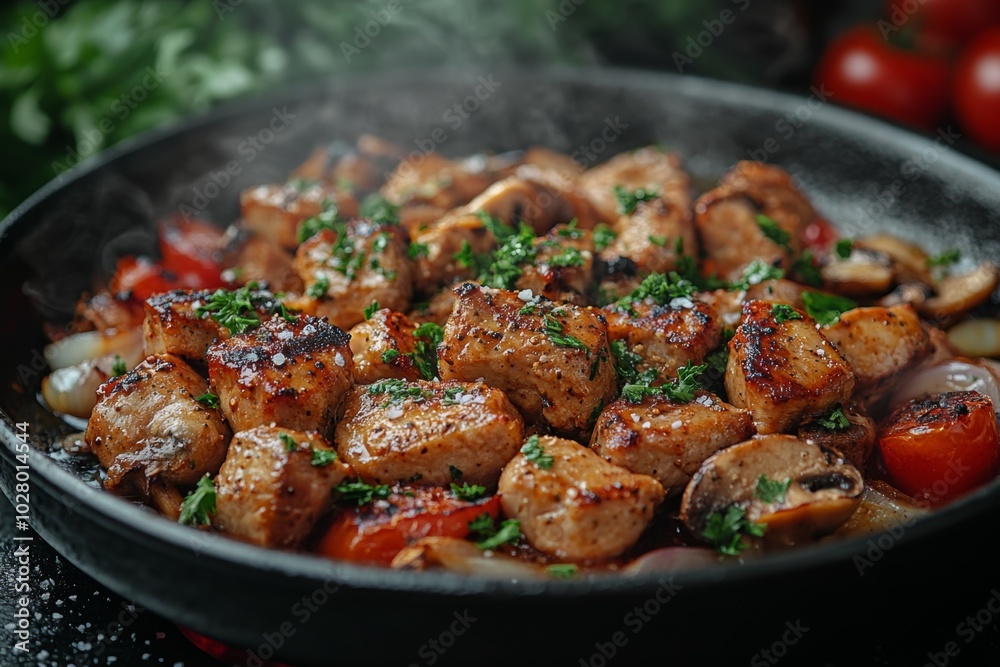 Close-up of baked meat with mushrooms, vegetables and spices Close-up of baked meat with mushrooms, vegetables and spices