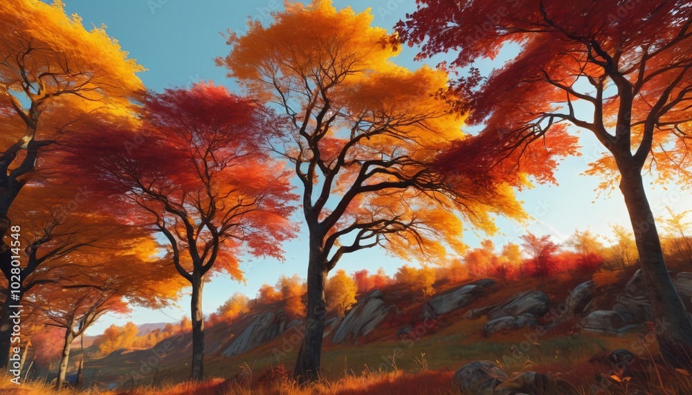 A serene autumnal landscape showcases vibrant foliage in the countryside, with rich hues of red, orange, and gold painting the trees against a tranquil sky, Generative AI A serene autumnal landscape showcases vibrant foliage in the countryside, with rich hues of red, orange, and gold painting the trees against a tranquil sky, Generative AI