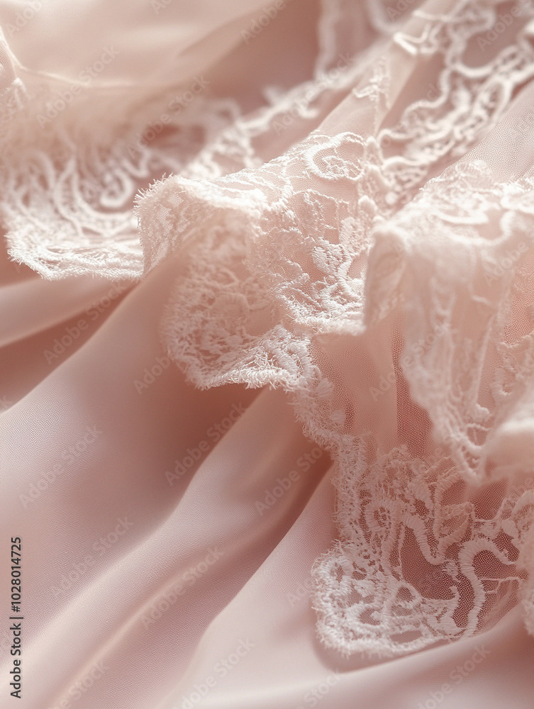 Fototapeta premium Ruffled blouse with delicate lace overlay on a soft blush pink background for a feminine and elegant style