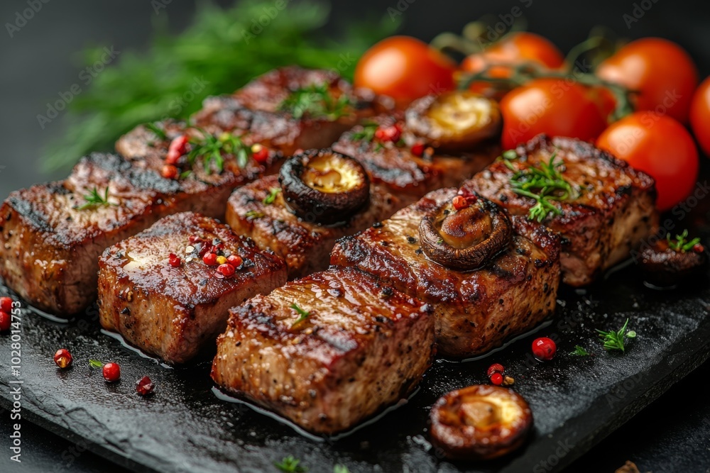 Close-up of baked meat with mushrooms, vegetables and spices Close-up of baked meat with mushrooms, vegetables and spices