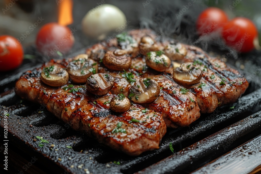 Close-up of baked meat with mushrooms, vegetables and spices Close-up of baked meat with mushrooms, vegetables and spices