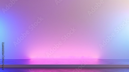 Empty shelf is bathed in the colorful glow of a synthwave gradient wallpaper photo