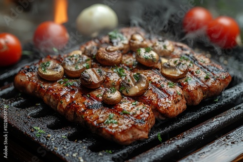 Close-up of baked meat with mushrooms, vegetables and spices