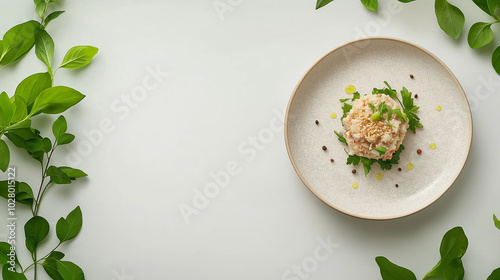 Simple Minimalist Dining Area with a Plate of Healthy Food and Greenery, generative ai