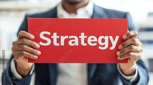 A business professional holding a red sign that says 'Strategy', symbolizing planning and decision making in organizations.