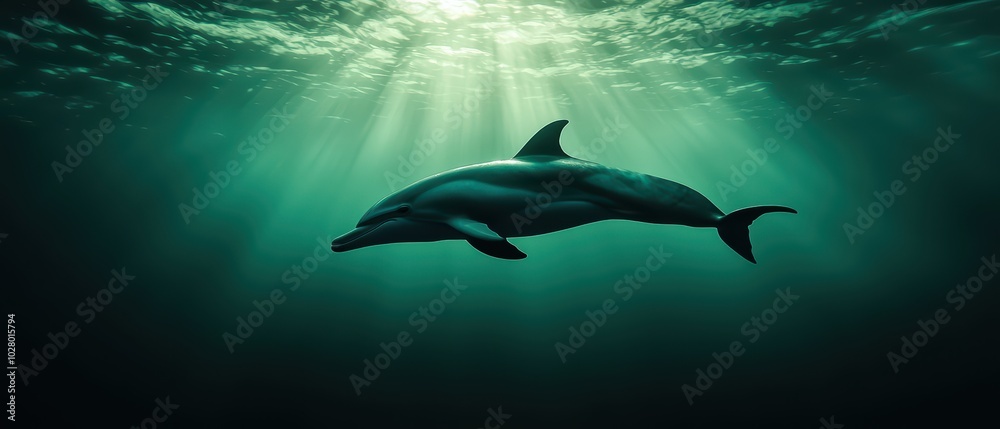 Obraz premium A graceful dolphin swims through sunlight-drenched ocean waters, showcasing its beauty and agility in a serene underwater environment.