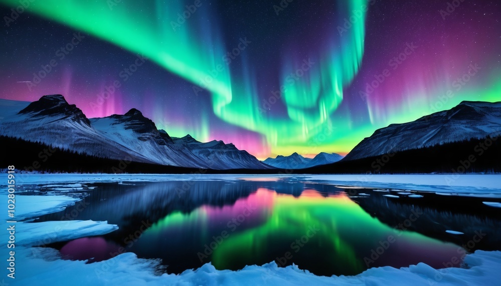 A breathtaking portrayal of the Aurora Borealis lights up the night sky, its enchanting colors dancing above a tranquil frozen lake adorned with soft layers of snow, Generative AI A breathtaking portrayal of the Aurora Borealis lights up the night sky, its enchanting colors dancing above a tranquil frozen lake adorned with soft layers of snow, Generative AI