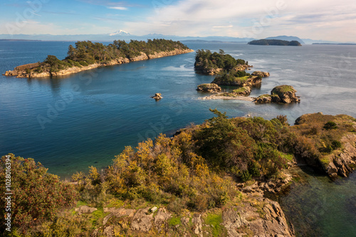 Aerial View of Ewing Cove, Sucia Island, Washington. Emerald waters, forested trails, magnificent sunsets and sandstone formations have made Sucia Island a crown jewel among our state marine parks. photo
