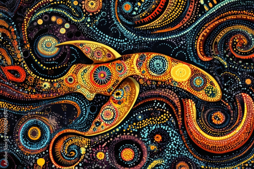 A vibrant aboriginal style dot painting featuring a graceful fish swimming through a swirling underwater cosmos A vibrant aboriginal style dot painting featuring a graceful fish swimming through a swirling underwater cosmos