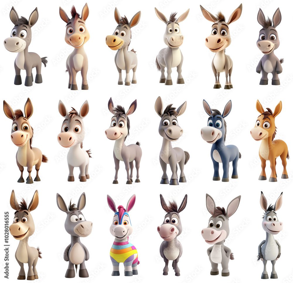 Cute Donkey Cartoon Characters Illustration Set on Transparent Background - Perfect for Design Elements and Overlays Cute Donkey Cartoon Characters Illustration Set on Transparent Background - Perfect for Design Elements and Overlays