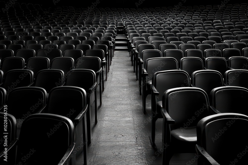 Fototapeta premium A wide view of empty black chairs arranged in rows in a dark auditorium, creating a striking contrast with the surrounding space.