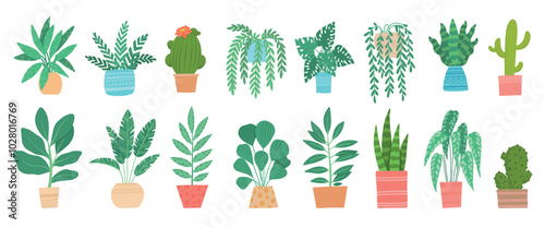 Pot plants. House tropical leaves, tree, succulents and cactus. Urban jungle, home green garden in flowerpots. Cartoon houseplant vector set. Succulent cactus, houseplant for decoration interior on wh