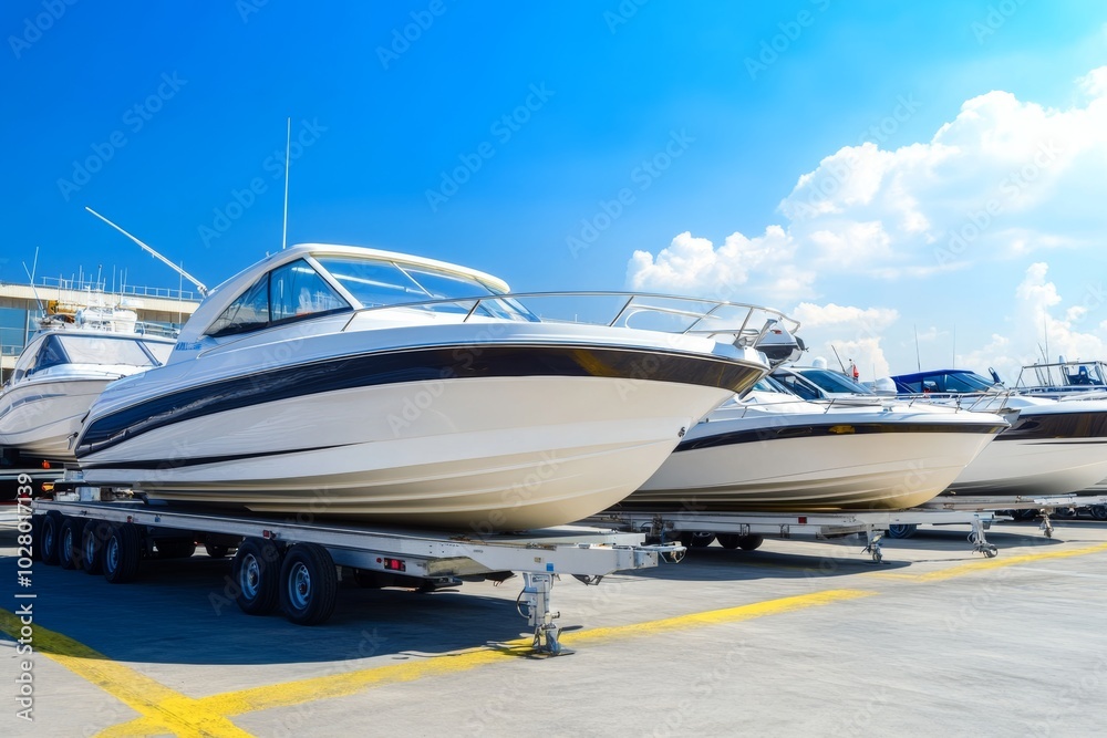 Boats on trailers in a sunny parking lot outside a boat sports store ready for sale or rental Boats on trailers in a sunny parking lot outside a boat sports store ready for sale or rental