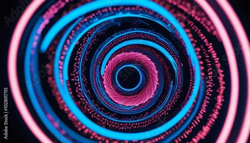 A striking close-up reveals a spiraled form that glows with brilliant blue and pink lights emanating from its center, creating a captivating and otherworldly ambiance, Generative AI