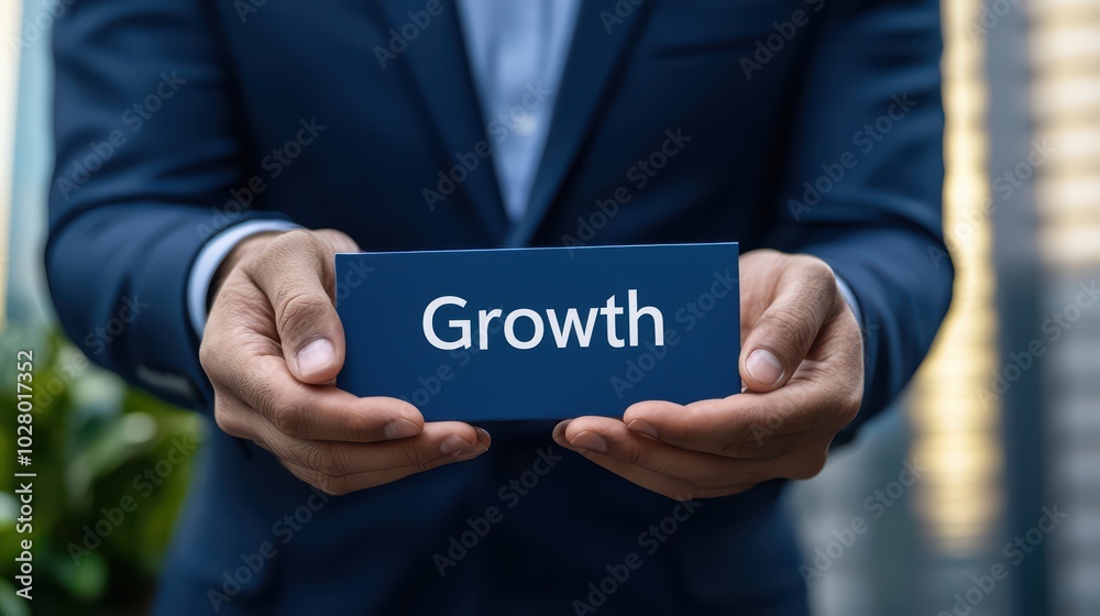 Business professional holding a sign that reads 'Growth', symbolizing progress and development. Business professional holding a sign that reads 'Growth', symbolizing progress and development.