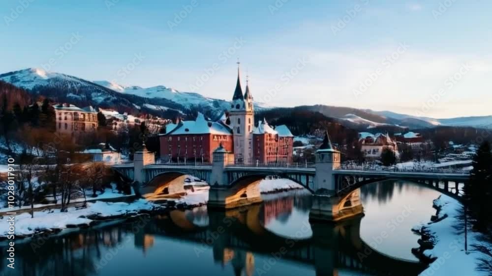 Seamless 4K Time-Lapse Animation of a Majestic Bridge and Snowy Castle Landscape