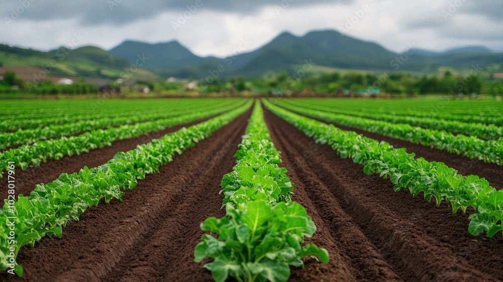 Lush green vegetable fields stretching towards distant mountains, showcasing rows of healthy crops under a moody sky. Lush green vegetable fields stretching towards distant mountains, showcasing rows of healthy crops under a moody sky.