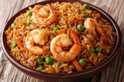 Delicious shrimp fried rice with vibrant vegetables, served in a bowl.