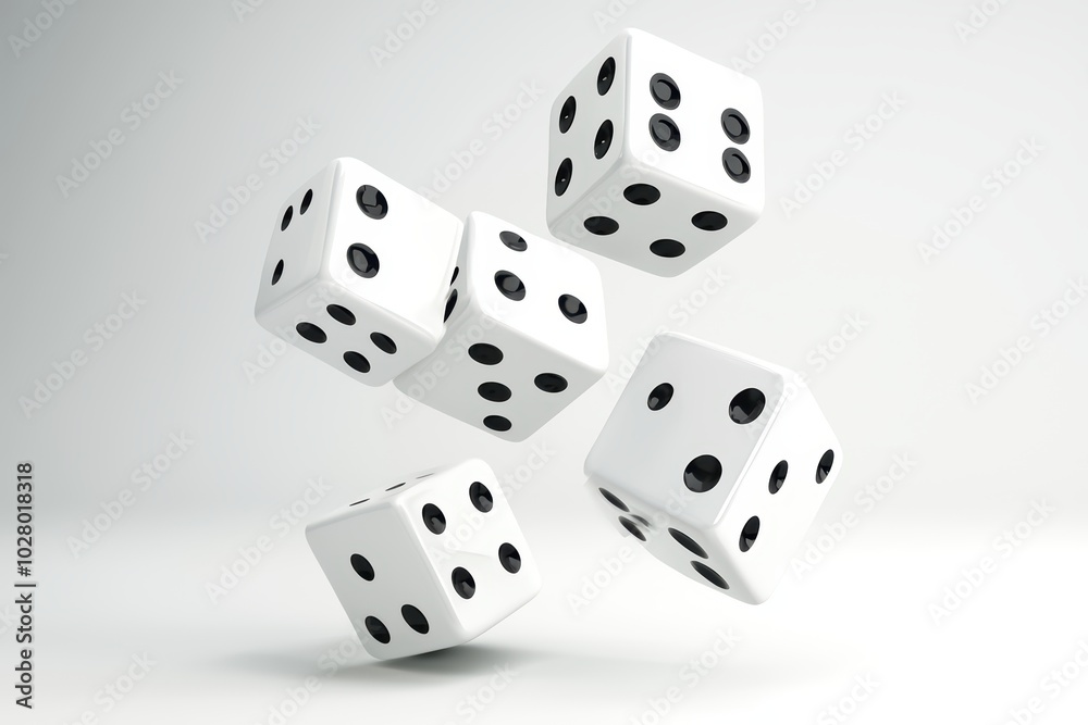 Five floating dice displaying various numbers against a clean and simple white background. Five floating dice displaying various numbers against a clean and simple white background.