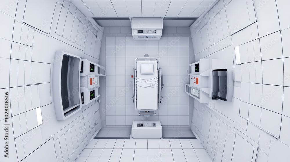 Futuristic medical facility with advanced equipment and sterile, minimalistic design. Futuristic medical facility with advanced equipment and sterile, minimalistic design.