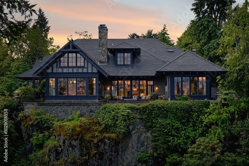 Craftsman-style home on a cliff in the Pacific Northwest, with navy windows and a dark grey roof, lush setting at sunset, in a photo