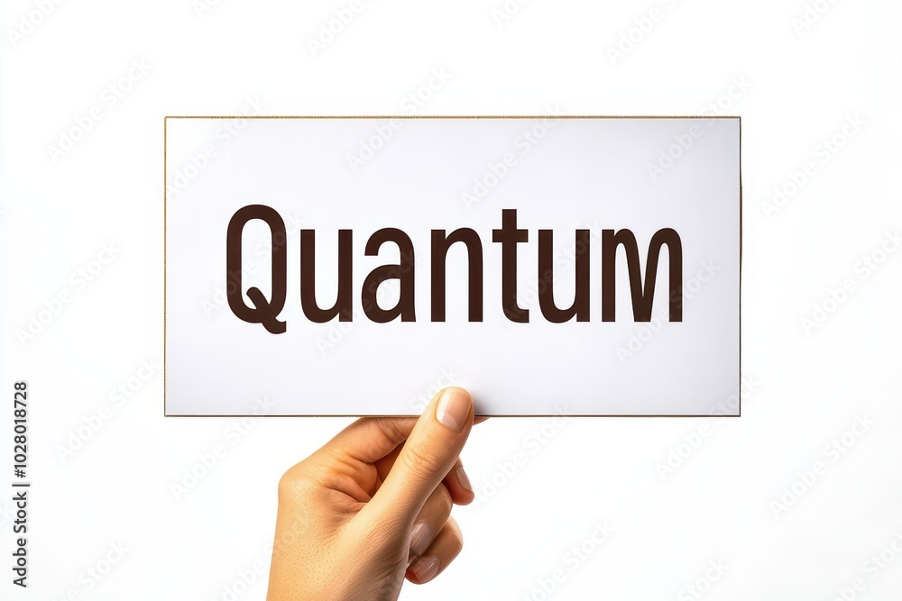 Hand holding a sign displaying the word 'Quantum' on a white isolated background. Hand holding a sign displaying the word 'Quantum' on a white isolated background.