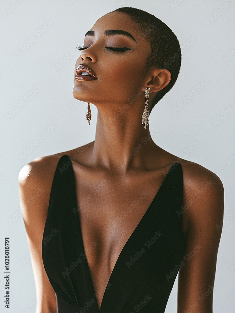Close up image of a Girl wearing a Simple black dress with clean lines and statement earrings with a chic look Close up image of a Girl wearing a Simple black dress with clean lines and statement earrings with a chic look