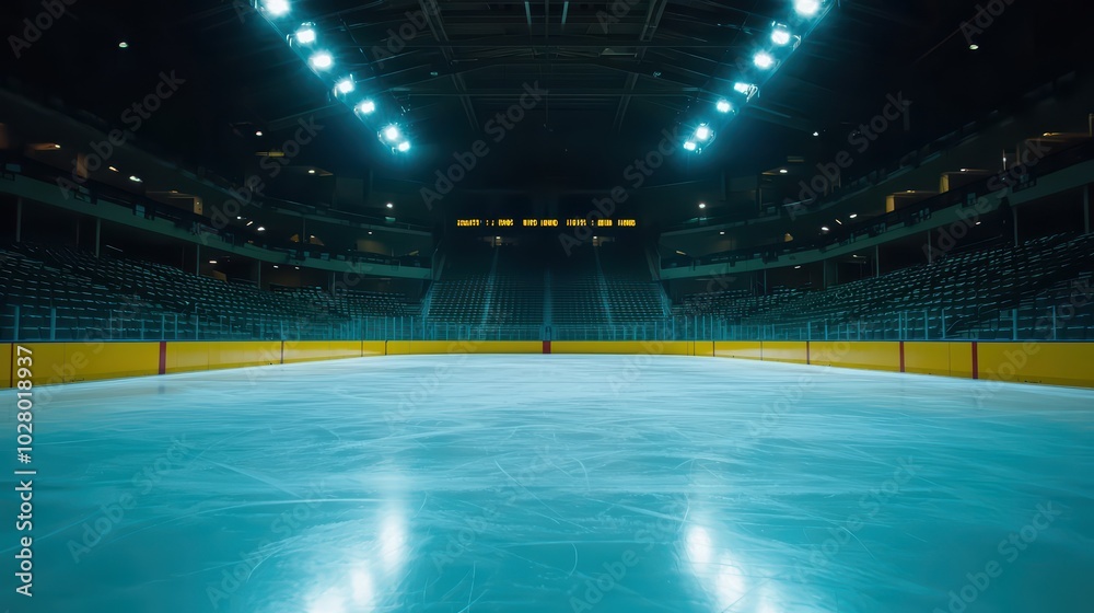 Ice hockey rink with glimmering ice surface and bright arena lights, ready for an exciting game. Ice hockey rink with glimmering ice surface and bright arena lights, ready for an exciting game.