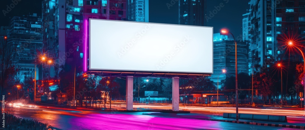 Illuminated blank billboard on a city street at night with colorful lights and modern buildings in the background. Illuminated blank billboard on a city street at night with colorful lights and modern buildings in the background.