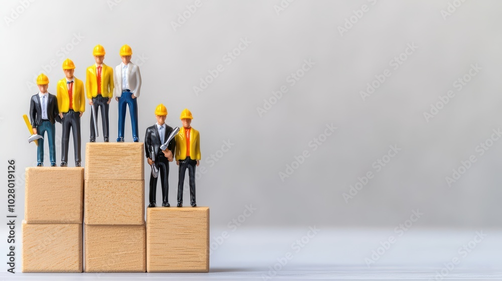 Miniature construction workers on wooden blocks representing teamwork and building projects. Miniature construction workers on wooden blocks representing teamwork and building projects.