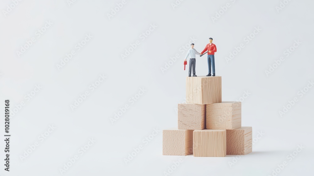 Miniature figurines shaking hands on a stack of wooden blocks, symbolizing teamwork and partnership. Miniature figurines shaking hands on a stack of wooden blocks, symbolizing teamwork and partnership.