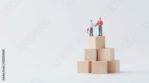 Miniature figurines shaking hands on a stack of wooden blocks, symbolizing teamwork and partnership.