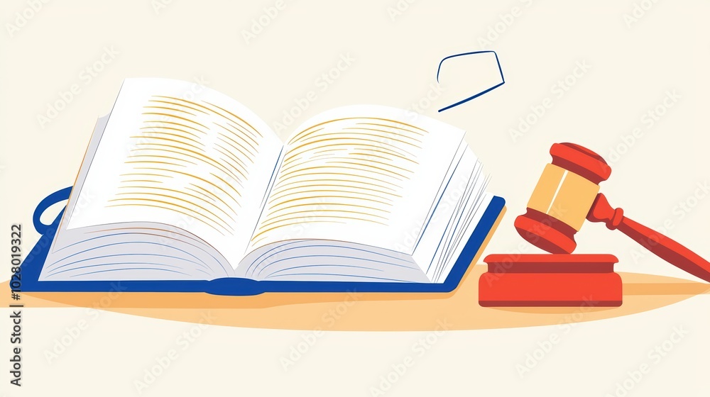 Open law book with glasses and gavel on the table, symbolizing justice and legal studies.