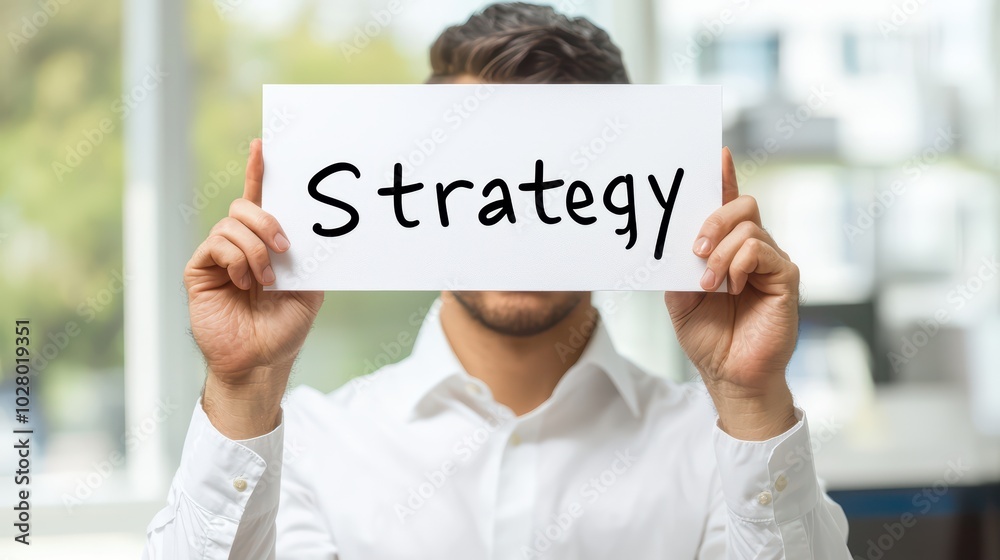Person holding a sign that says Strategy in a bright office setting. Person holding a sign that says Strategy in a bright office setting.