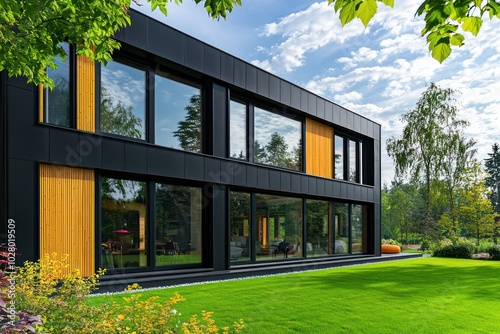 Detailed  image of a contemporary black house with warm wooden elements and large windows overlooking a vibrant green lawn photo