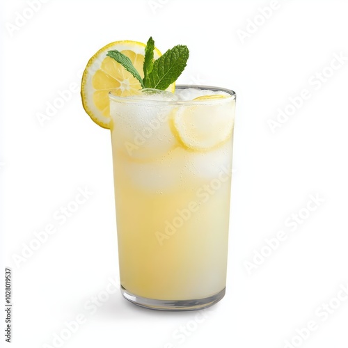 Refreshing lemonade with ice, garnished with fresh mint and lemon slices, perfect for a summer day.