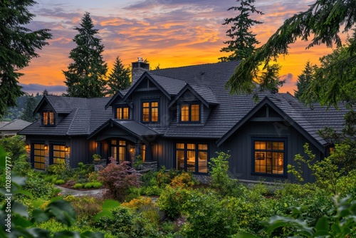 Detailed  landscape shot of a dark grey-roofed craftsman home with navy windows, set against a Pacific Northwest sunset and lush greenery
