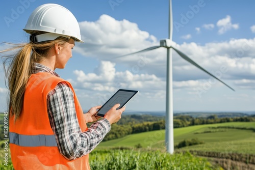 Female engineer using a tablet to inspect wind turbines in a green rural landscape, wearing safety gear