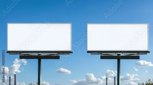 Two empty billboards against a clear blue sky, ideal for advertising space.