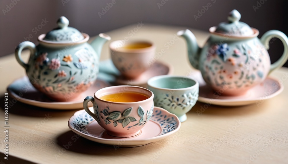A delicate ceramic miniature tea set, featuring intricate designs and soft pastel colors, perfect for adding charm to tea parties or as a lovely gift for tea lovers, Generative AI