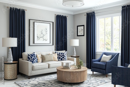 Elegant  portrait of a living room with navy blue curtains, light grey walls, white ceiling, and a tasteful arrangement of furniture