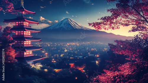 mystical fantasy chureito pagoda with view on mount Fuji or Fujiyama in night