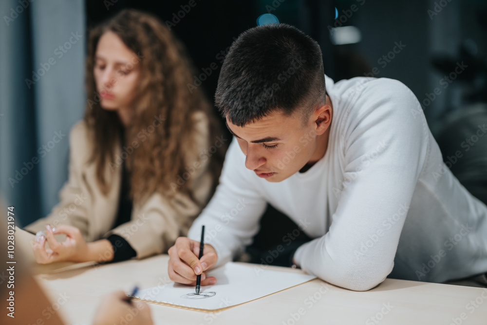 A young man and woman intensely focusing on their assignments in a classroom environment, showcasing dedication and concentration during a study session. A young man and woman intensely focusing on their assignments in a classroom environment, showcasing dedication and concentration during a study session.
