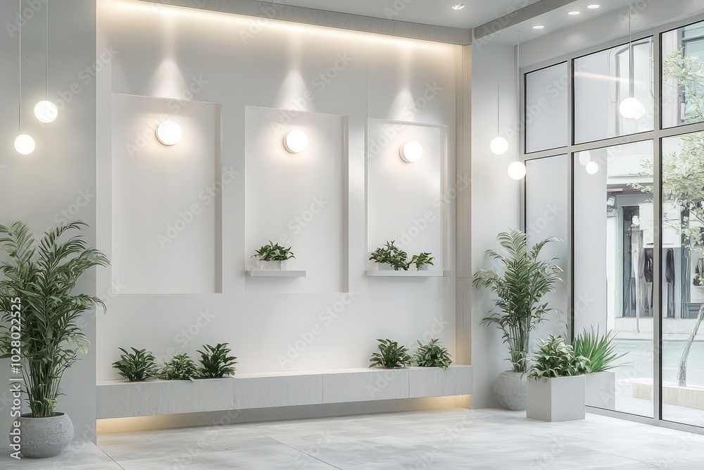 Elegant fashion store setup with white walls, light gray tiles, glass windows, and modern white lighting, with plants outside, in ratio Elegant fashion store setup with white walls, light gray tiles, glass windows, and modern white lighting, with plants outside, in ratio